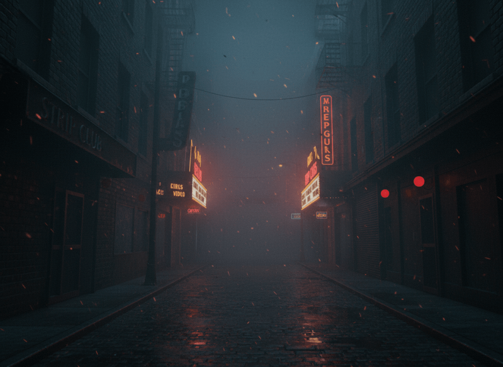 A narrow rain-slicked urban alley at night, USA red light district style, gritty 1970s-80s American aesthetic. Dark brick walls lining both sides, wet cobblestones reflecting diffused neon glow. Extremely thick heavy fog filling the entire alley, obscuring most details. Drifting ash and embers floating through the dense mist. Deep oppressive shadows with a soft crimson glow bleeding through the fog. The alley is lined with American-style adult entertainment venues: strip clubs, adult bookstores, peep shows, massage parlors — grimy illuminated marquee signs with English text in red and amber neon, flickering vacancy signs, dark doorways with red bulb lighting. The signs are barely visible ghostly suggestions through the thick fog, just hinting at their presence, neon glow completely diffused and atmospheric. Absolutely no people, no figures, no silhouettes, no humans anywhere, completely desolate empty street. Moody cinematic gothic atmosphere, near-black dark tones, highly detailed digital art.